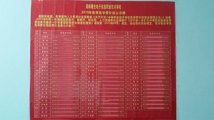 2015年曙光电子信息职业技术学校秋季免学费补助名单